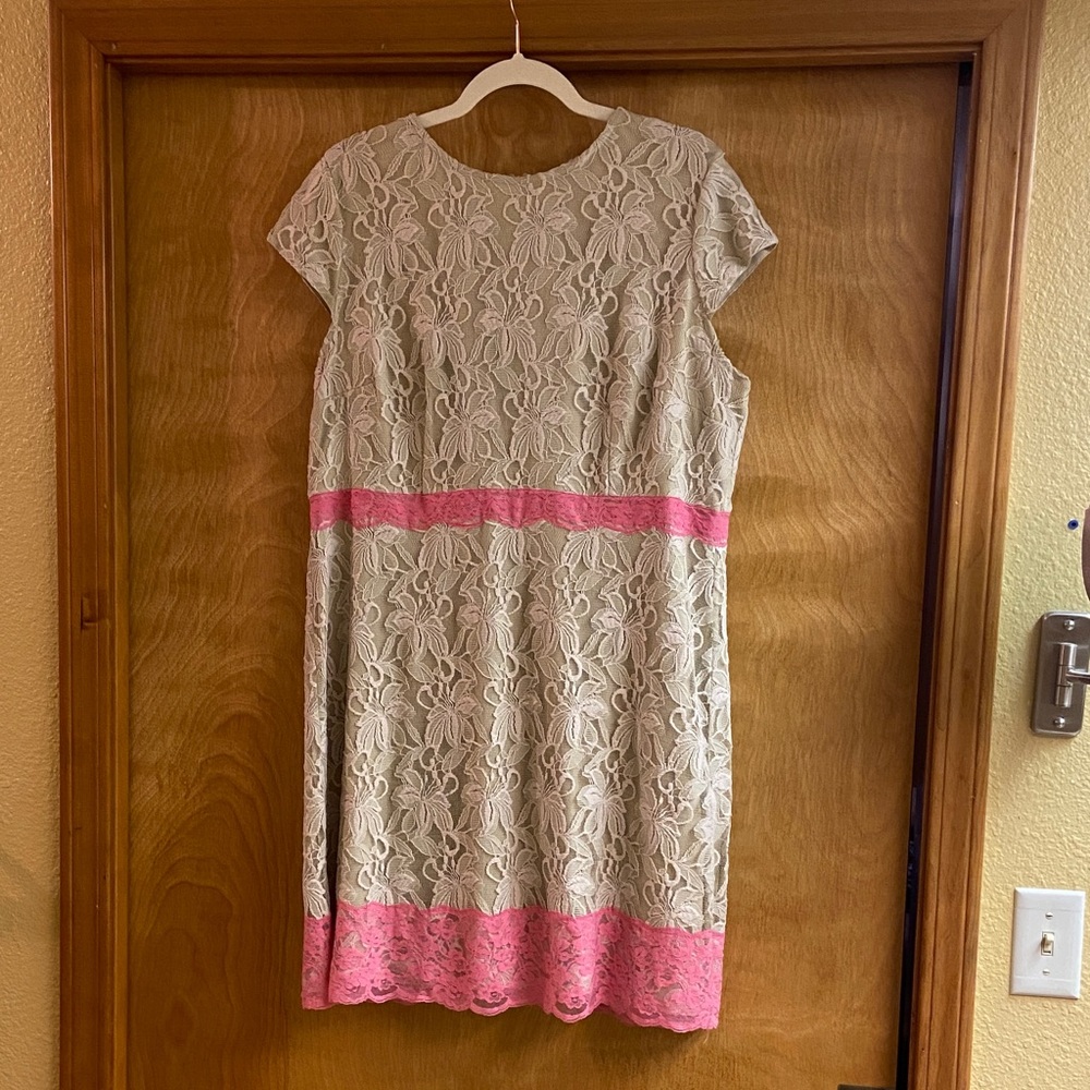 Danny & Nicole Cream Lace Midi Dress with Pink Trim